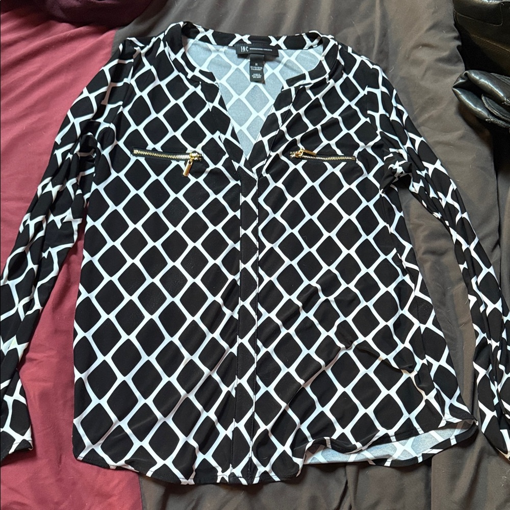 INC International Concepts Black and White Diamond Print Blouse